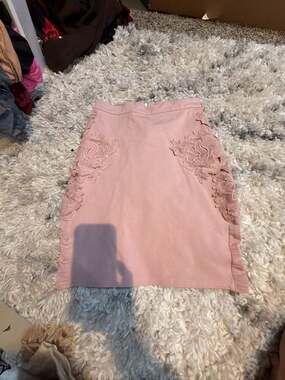 Haute Monie Blush Pink Bodycon Mini Skirt with Side Floral Lace Appliqué Details